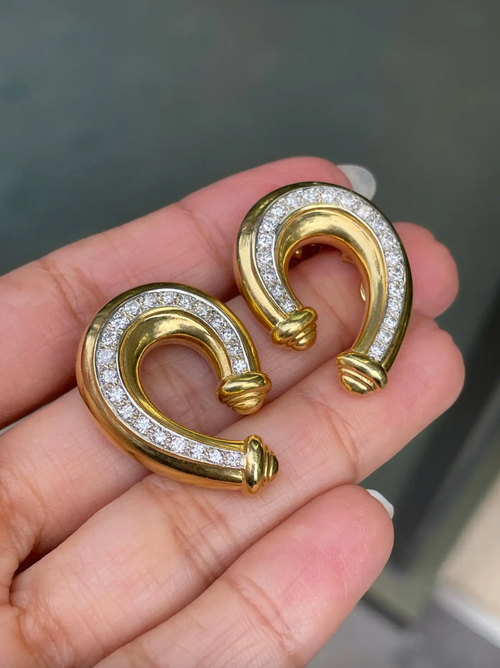 Vintage 1980's 18 Carat Yellow Gold and Diamond Curl Clip-on Earrings