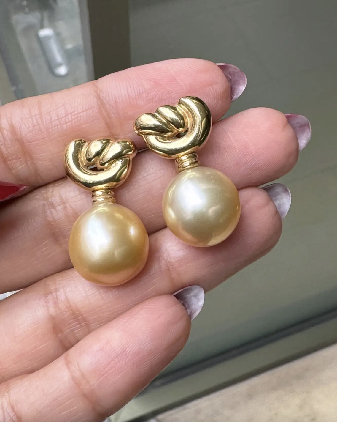 Golden Cultured Pearl and 18 Carat Yellow Gold Love Knot Dangle Earrings