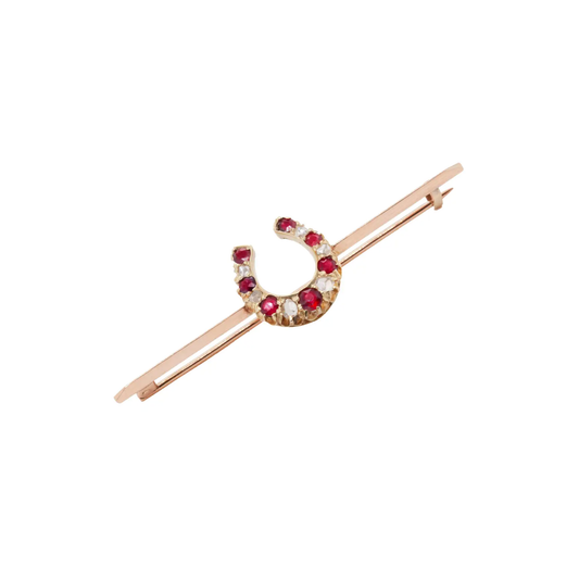 Ruby and Old Cut Diamond 9K Rose Gold & 15K Yellow Gold Horseshoe Bar Brooch