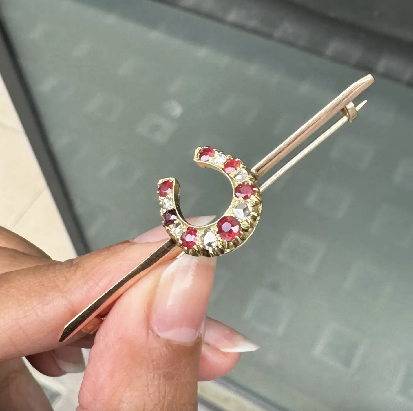 Ruby and Old Cut Diamond 9K Rose Gold & 15K Yellow Gold Horseshoe Bar Brooch