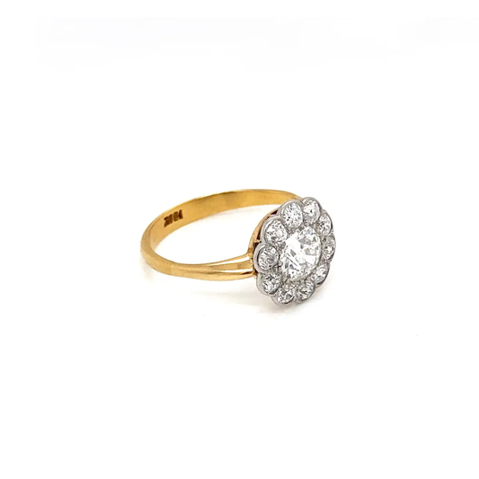 18ct Yellow and White Gold Old Cut Diamond Antique Flower Coronet Cluster Ring