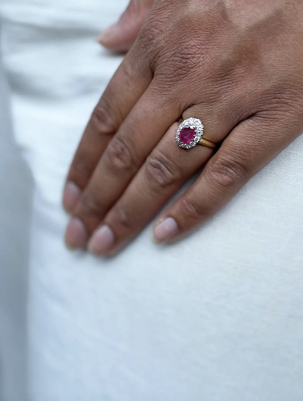 Oval Ruby and Diamond 18 Carat White and Yellow Gold Cluster Engagement Ring