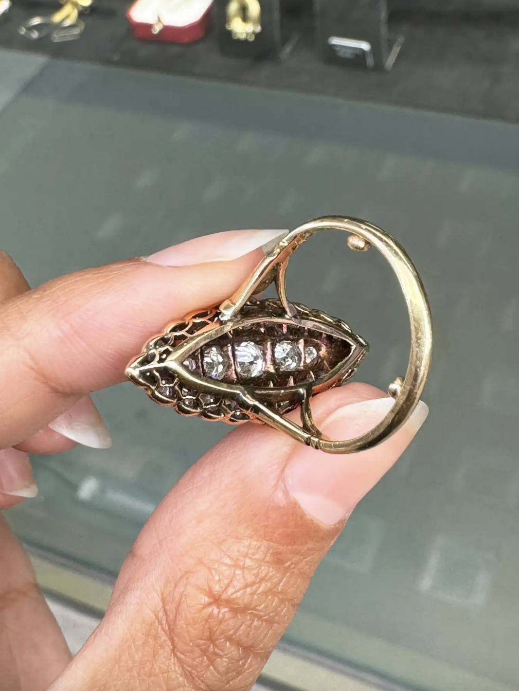 Old Mine Cut Diamond 18 Carat and Platinum Marquise Shape Cluster Ring, c1910