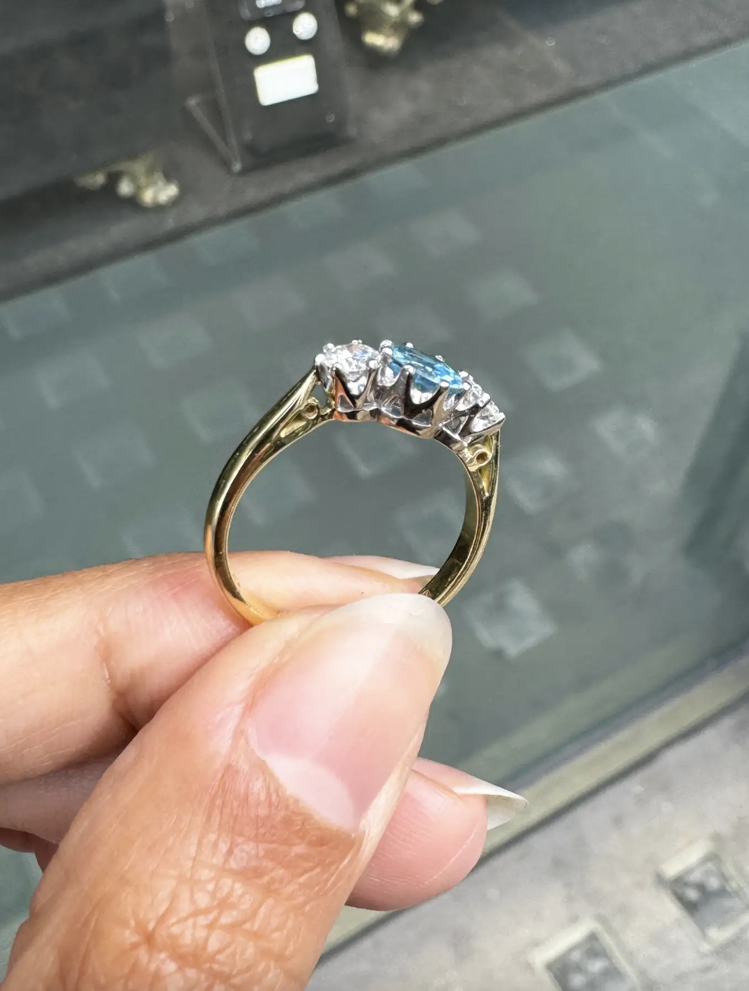 Aquamarine and Diamond 18 Carat White & Yellow Gold Three-Stone Engagement Ring