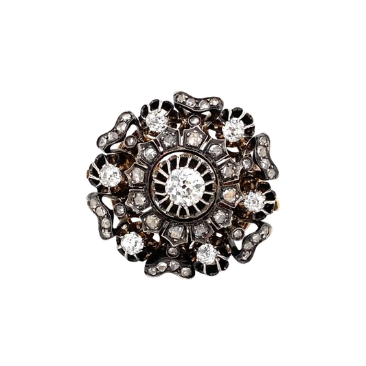 Victorian Old Mine Cut Diamond Silver on Gold Round Cluster Antique Brooch