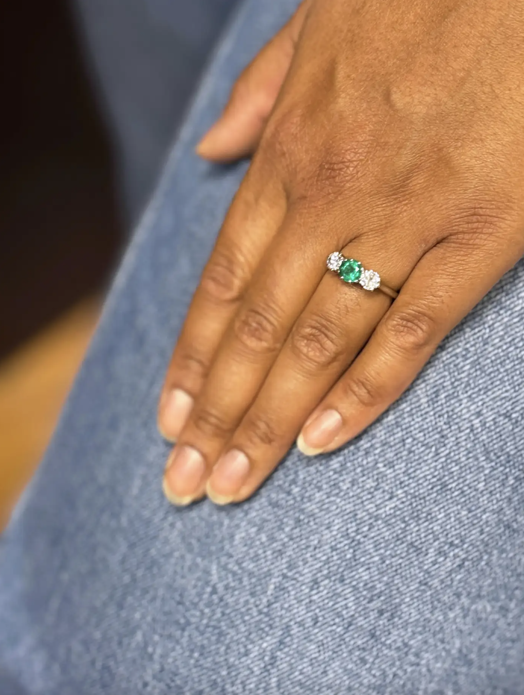 Antique 0.95 Carat Emerald and Diamond Three Stone Platinum Ring