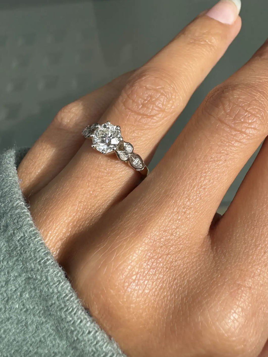 1.02ct Antique Old Mine Cut Diamond 18K White Gold & Platinum Engagement Ring