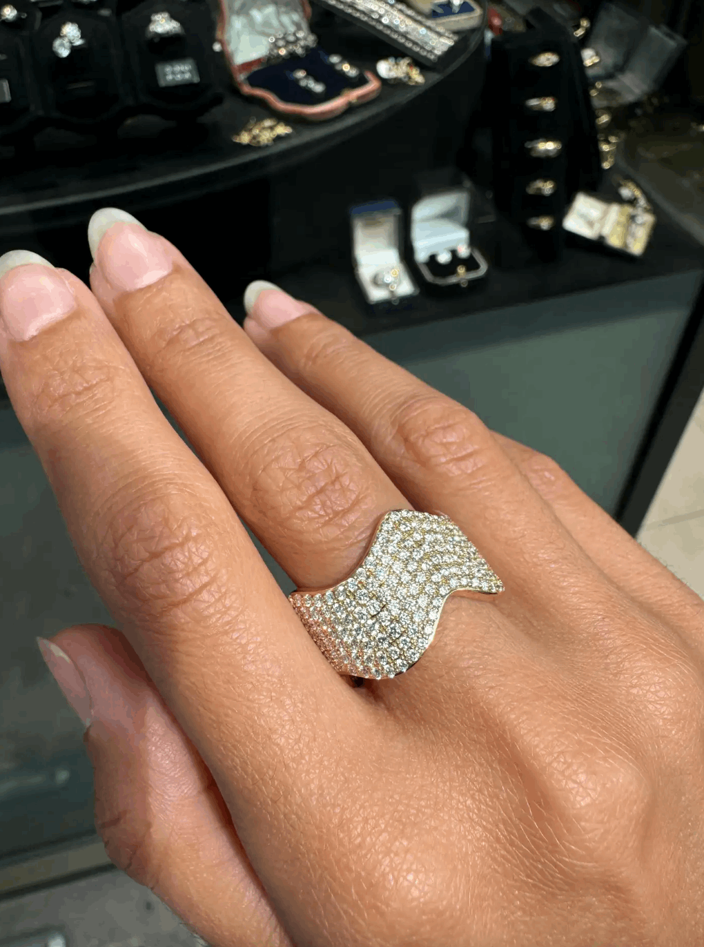 Pavé Diamond and 18 Carat Yellow Gold Wave Style Wide Band Ring