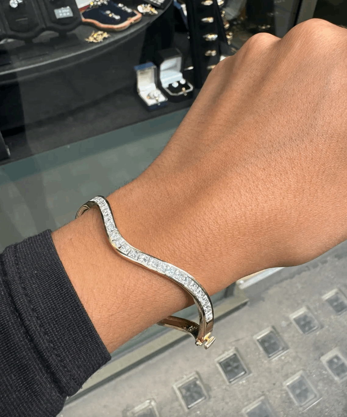 Princess Cut Diamond and 18 Carat Yellow Gold Thin Wave Bangle Bracelet