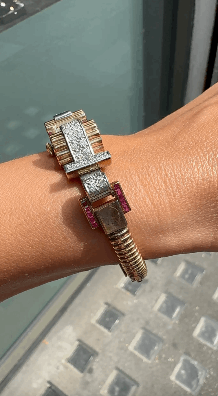 Vintage Ruby and Diamond 9 Carat Gold Retro Cocktail Wristwatch, circa 1950s