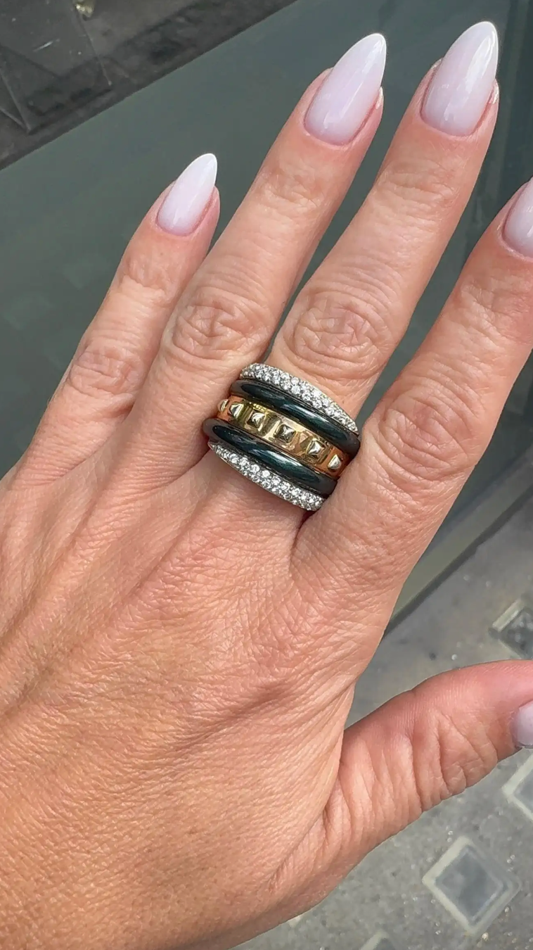 La Nouvelle Bague Diamond & Black Enamel 18 Carat Gold Wide Band Cocktail Ring