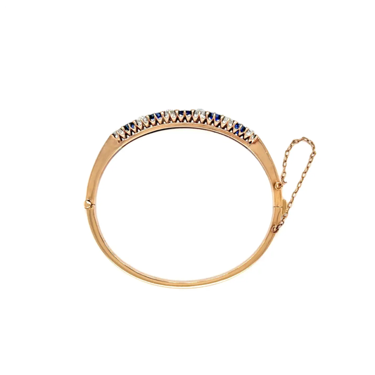 Late Victorian Blue Sapphire & Od Cut Diamond 18K Rose Gold Bangle, c.1880s