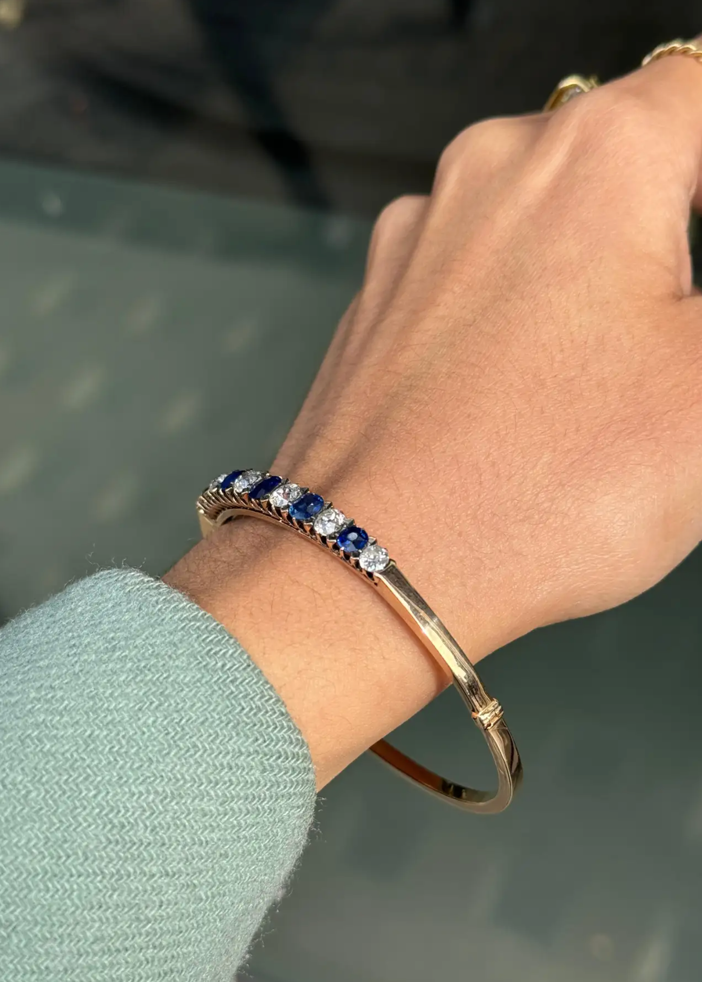 Late Victorian Blue Sapphire & Od Cut Diamond 18K Rose Gold Bangle, c.1880s