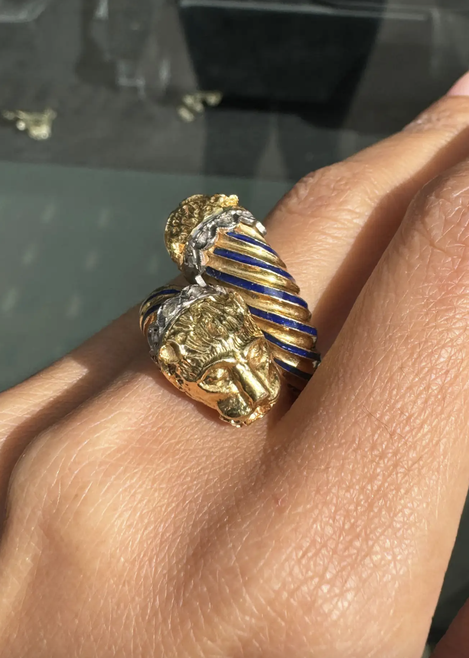 Blue Enamel and Diamond 18 Carat Yellow Gold Feline Head Crossover Cocktail Ring