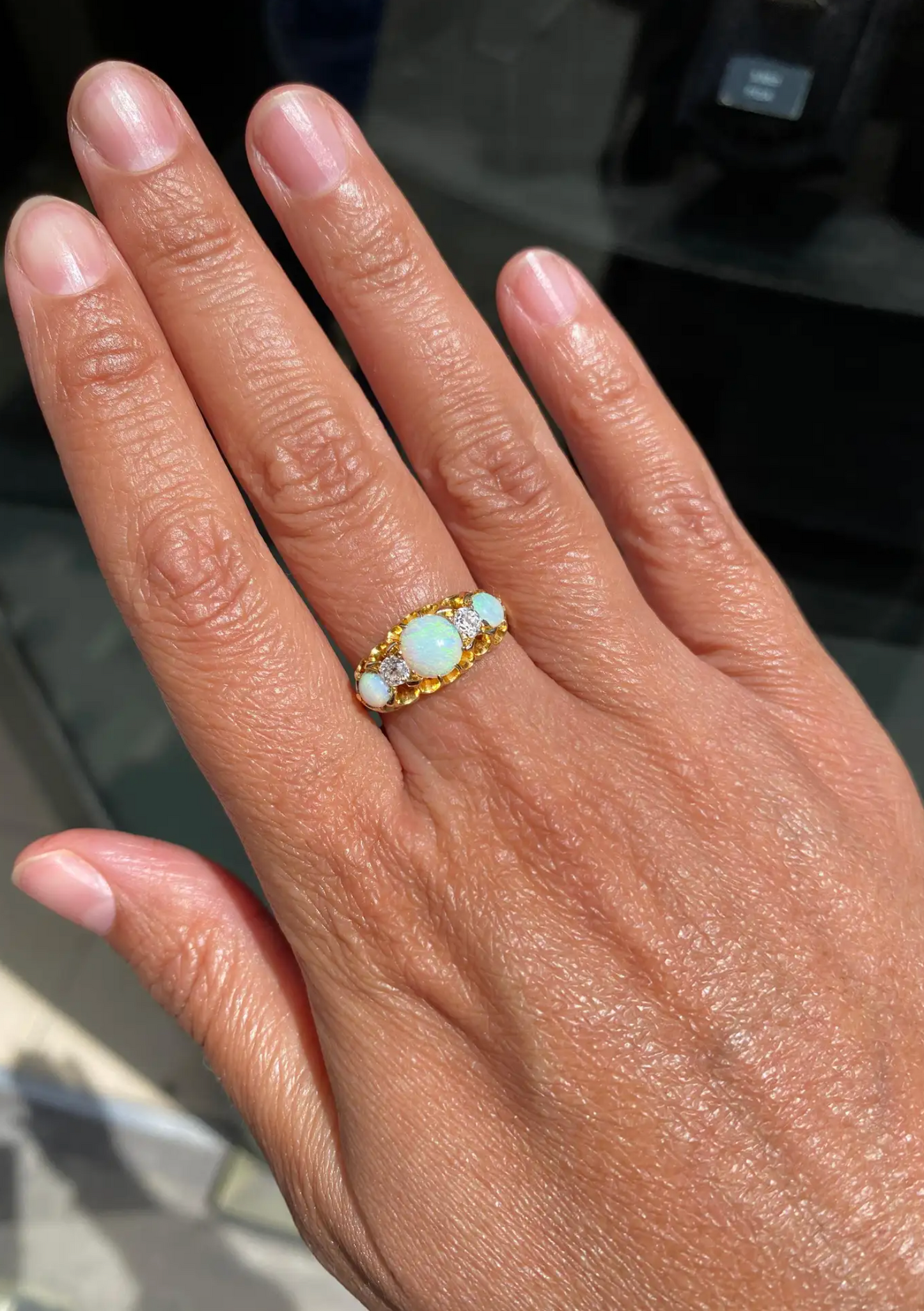 Late Victorian Opal & Old Cut Diamond 18 Carat Yellow Gold Five-Stone Ring, 1899