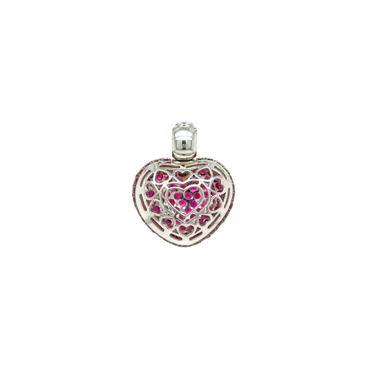 Pavé Ruby and Diamond Three-Dimensional Heart Pendant in 18 Carat White Gold