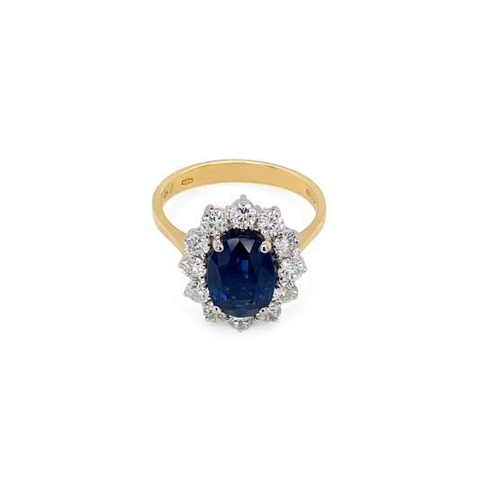 Blue Sapphire and Diamond Halo 18K White and Yellow Gold Cluster Engagement Ring