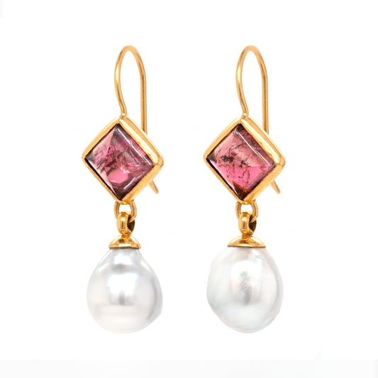 21 Carat South Sea Pearl and Pink Pyramid Cabouchon Tourmaline Drop Earrings