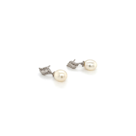 Diamond and Cultured Pearl Drop Earrings in 18 Carat White Gold