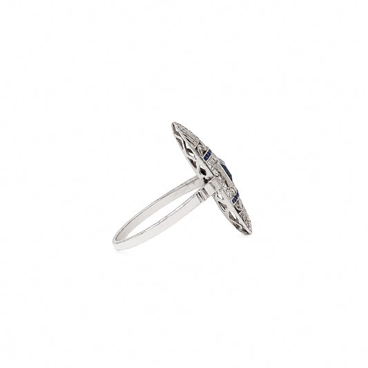 Art Deco Blue Sapphire and Diamond Open Work Cocktail Ring in Platinum, c.1920s