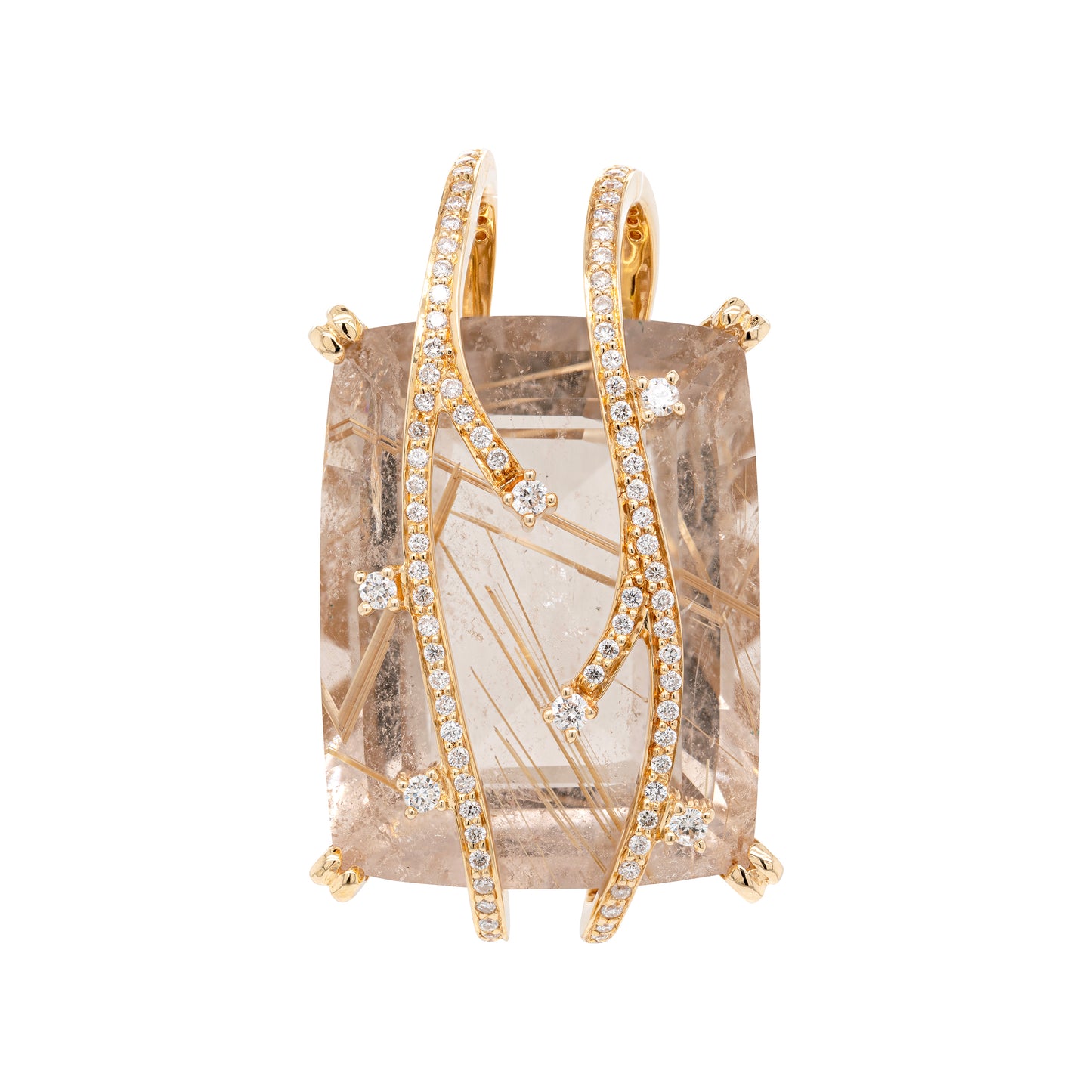 Rutilated Quartz and Diamond 18 Carat Yellow Gold Statement Pendant