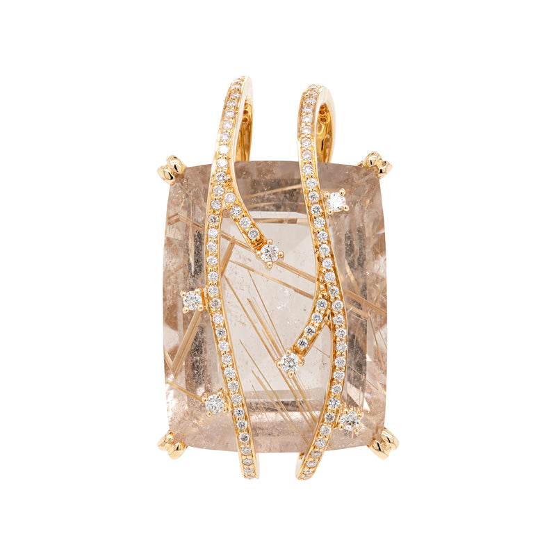 Rutilated Quartz and Diamond 18 Carat Yellow Gold Statement Pendant