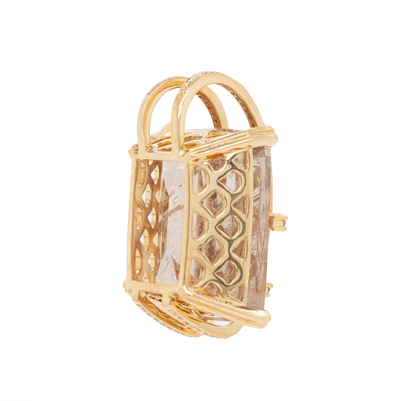 Rutilated Quartz and Diamond 18 Carat Yellow Gold Statement Pendant