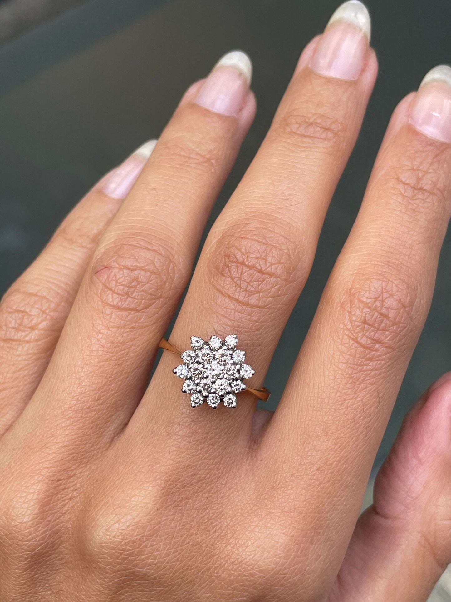 Diamond 18 Carat White and Yellow Gold Snowflake Cluster Engagement Ring