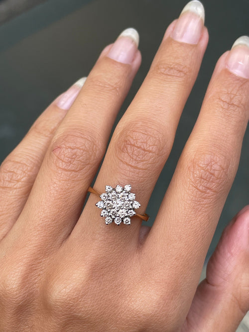 Diamond 18 Carat White and Yellow Gold Snowflake Cluster Engagement Ring