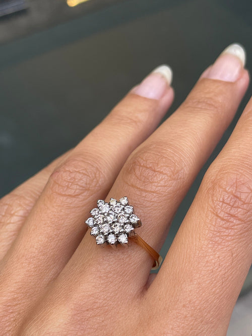 Diamond 18 Carat White and Yellow Gold Snowflake Cluster Engagement Ring