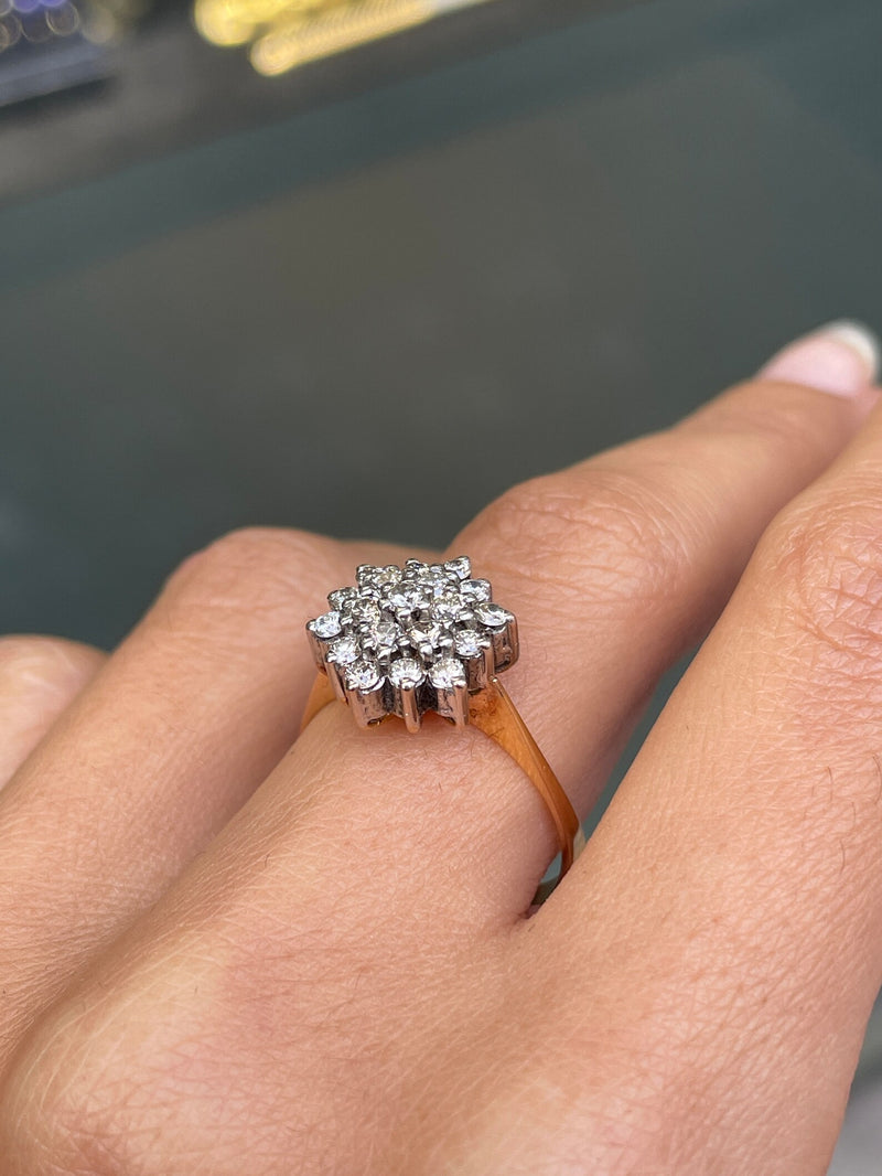 Diamond 18 Carat White and Yellow Gold Snowflake Cluster Engagement Ring