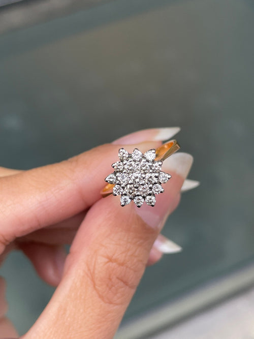 Diamond 18 Carat White and Yellow Gold Snowflake Cluster Engagement Ring