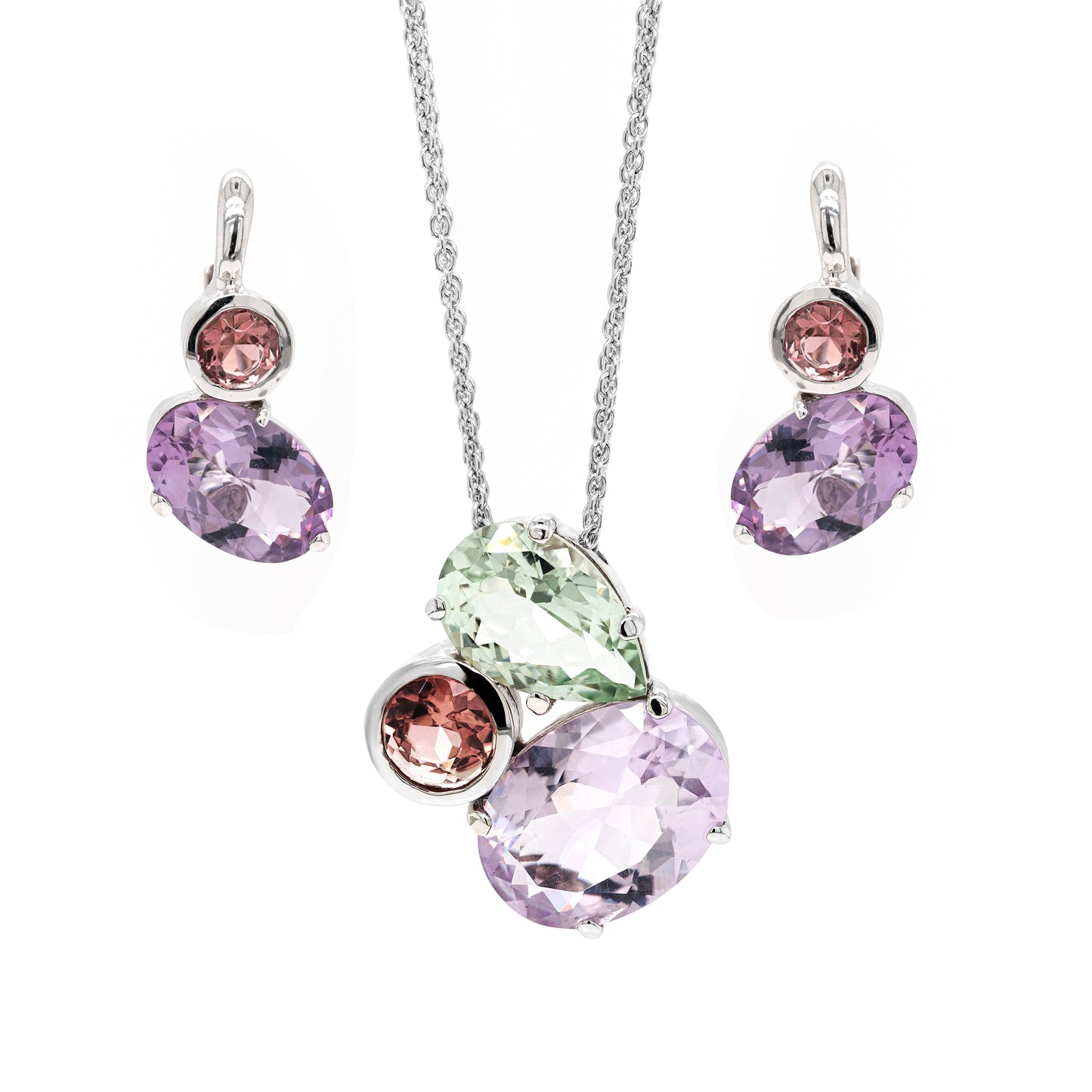 Amethyst and Tourmaline 18 Carat White Gold Earrings and Pendant Necklace Set