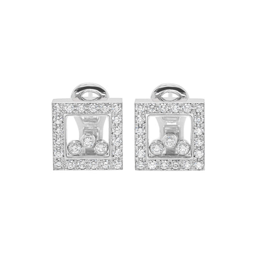 Chopard 18 Carat White Gold Square Happy Diamonds Stud Earrings