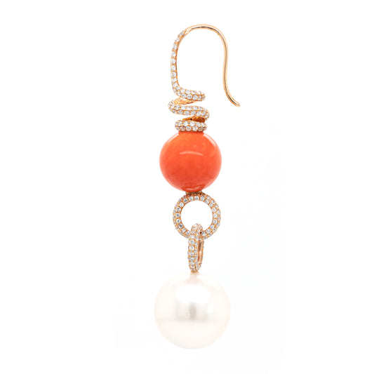 Coral, Pearl and Diamond 18 Carat Rose Gold Dangle Earrings