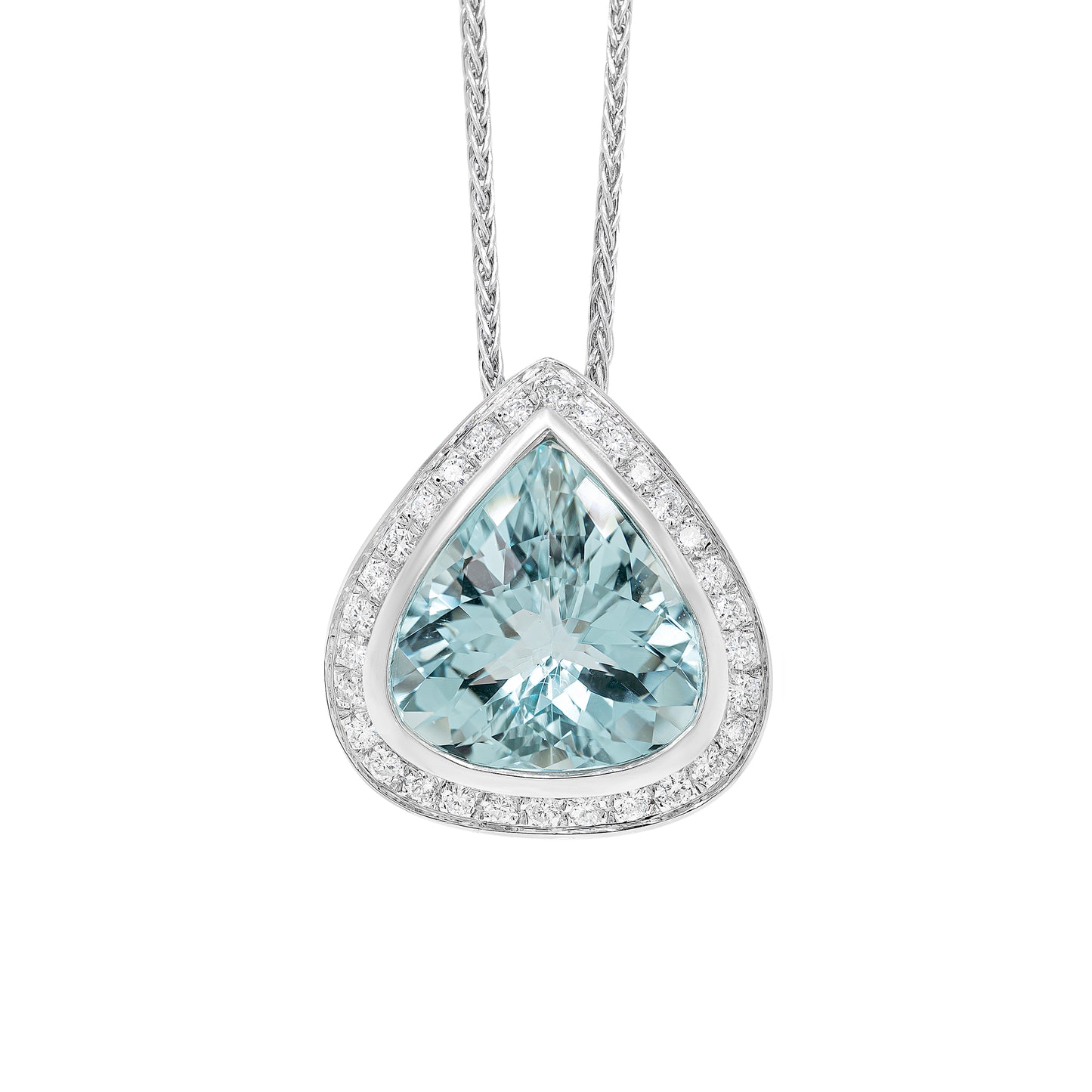 Pear Shape Aquamarine and Diamond Halo 18 Carat White Gold Pendant and Chain