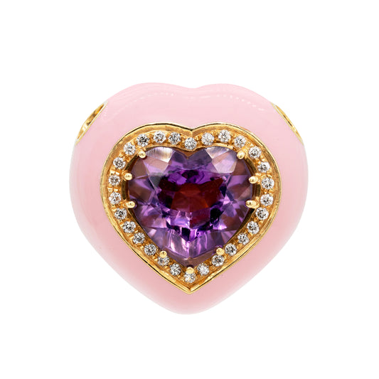 Amethyst, Diamond Pink Enamel 18 Carat Yellow Gold Heart Pendant