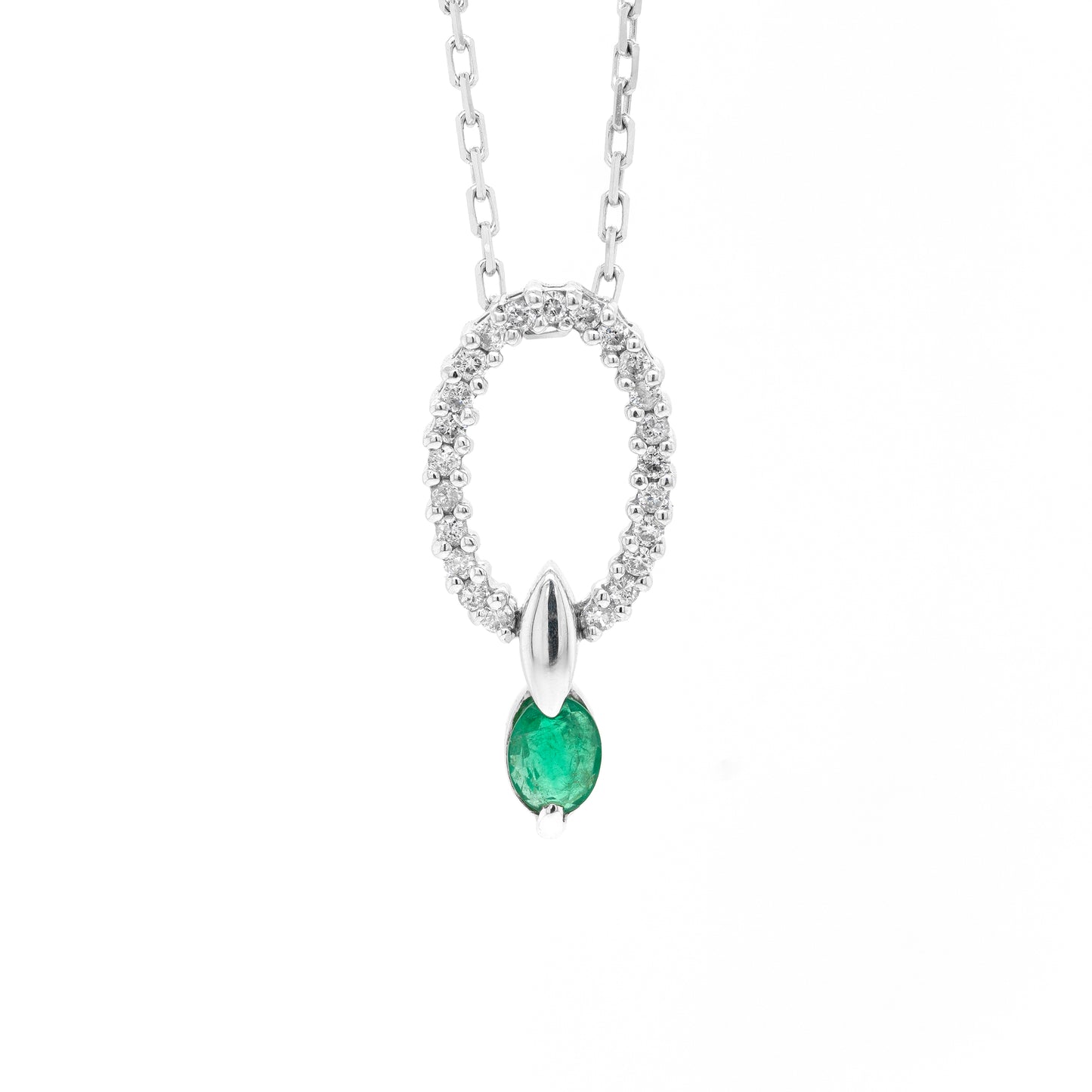 0.20ct Diamond and Emerald 18 Carat White Gold Oval Pendant