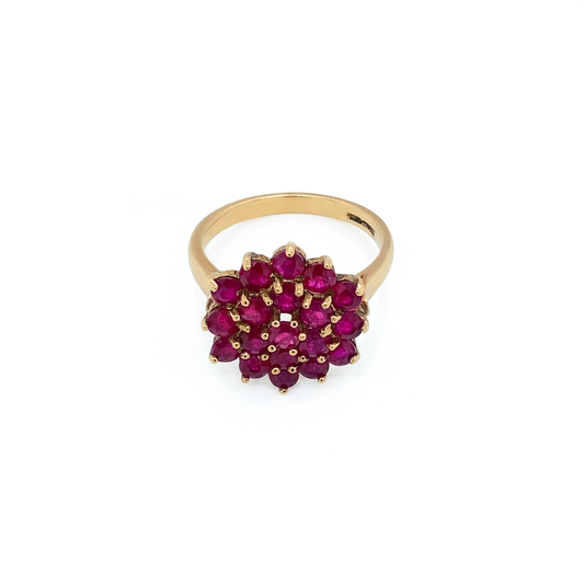 Vintage Round Ruby and 9 Carat Yellow Gold Hexagonal Cluster Cocktail Ring