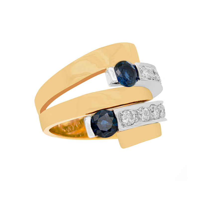 Blue Sapphire and Diamond 18 Carat White & Yellow Gold Wide Bypass Dress Ring
