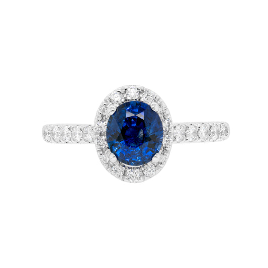 1.20ct Blue Sapphire and Diamond 18 Carat White Gold Halo Engagement Ring
