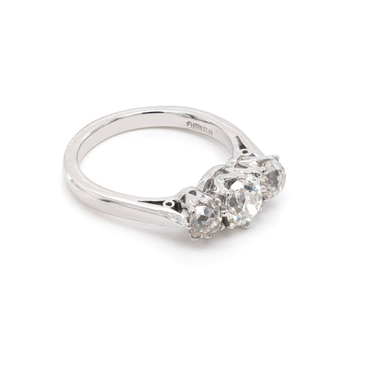 1.56 Carat Victorian Old Cut Diamond Three-Stone Platinum Engagement Ring