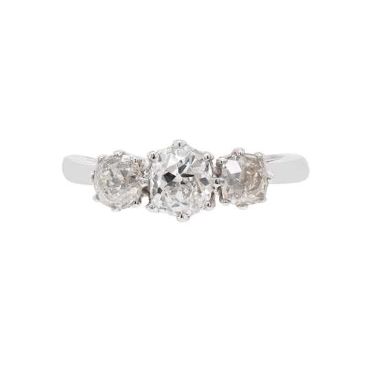 1.56 Carat Victorian Old Cut Diamond Three-Stone Platinum Engagement Ring