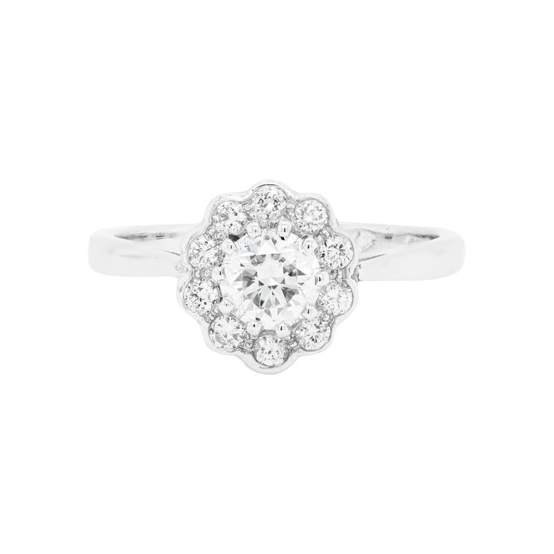 A round brilliant cut diamond ring with smaller round brilliant cut diamonds set in a daisy cluster design, mounted in a platinum band.