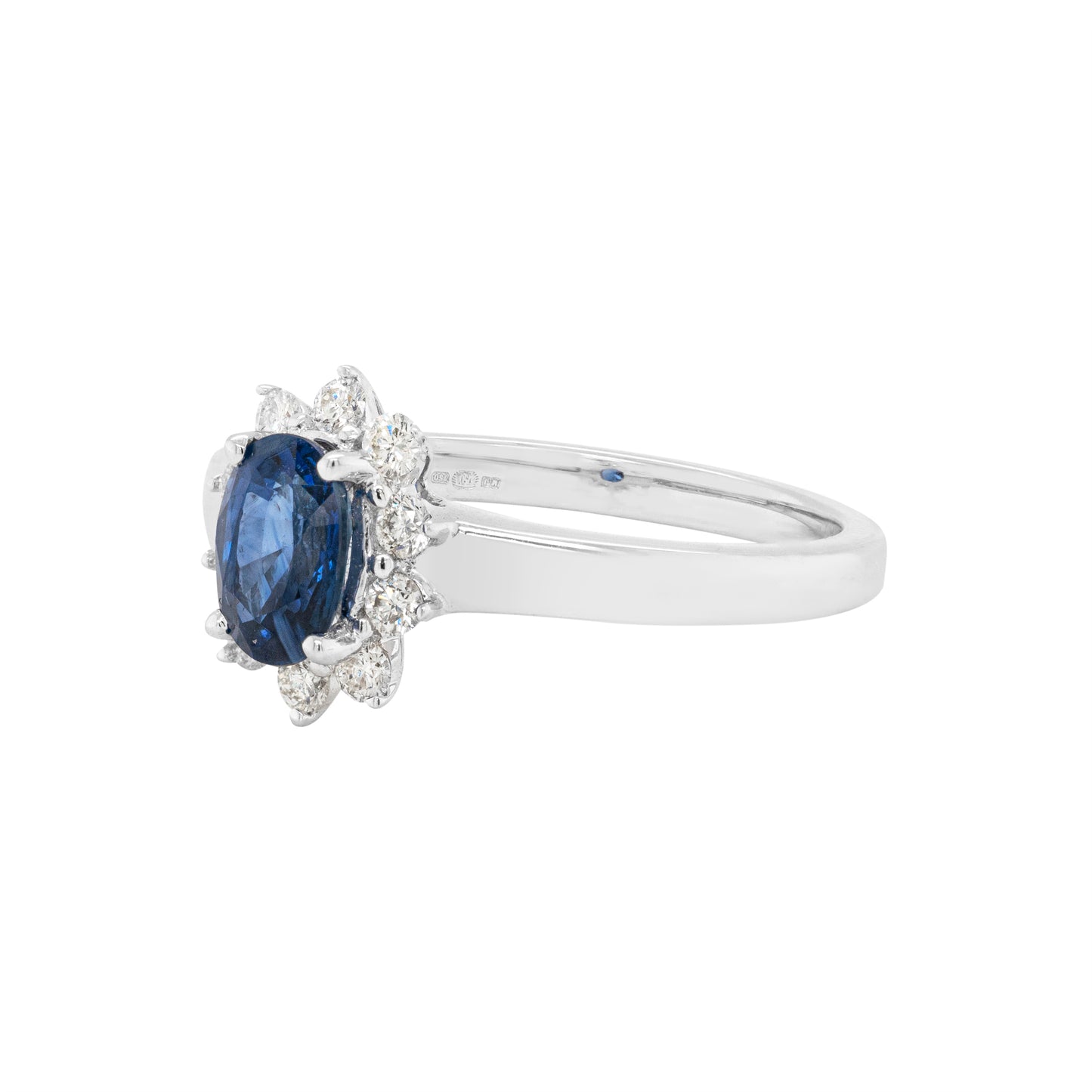 Oval Blue Sapphire and Diamond 18 Carat White Gold Cluster Engagement Ring