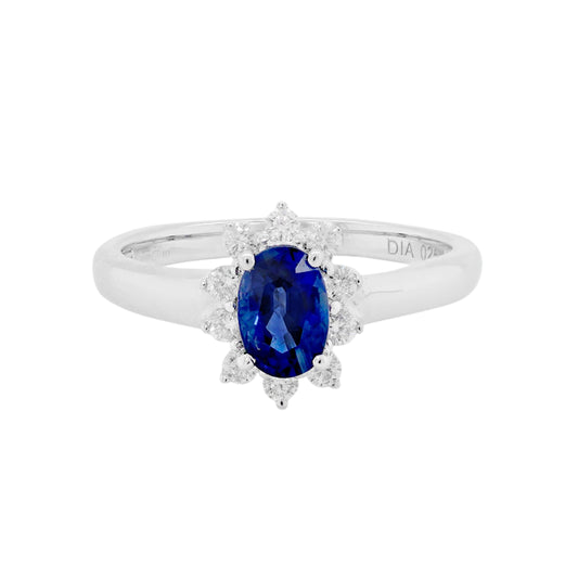 Oval Blue Sapphire and Diamond 18 Carat White Gold Cluster Engagement Ring