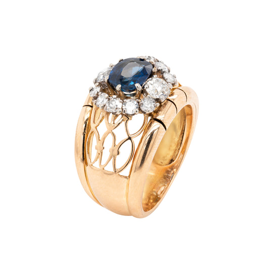 1.49ct Natural Unheated Blue Sapphire & Diamond 18K Gold Dress Ring, c.1940s