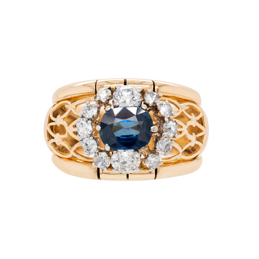 1.49ct Natural Unheated Blue Sapphire & Diamond 18K Gold Dress Ring, c.1940s