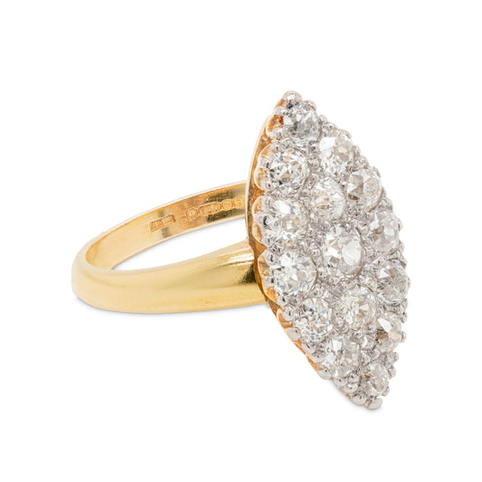 Old Cut Diamond Marquise 18 Carat Gold Cluster Ring