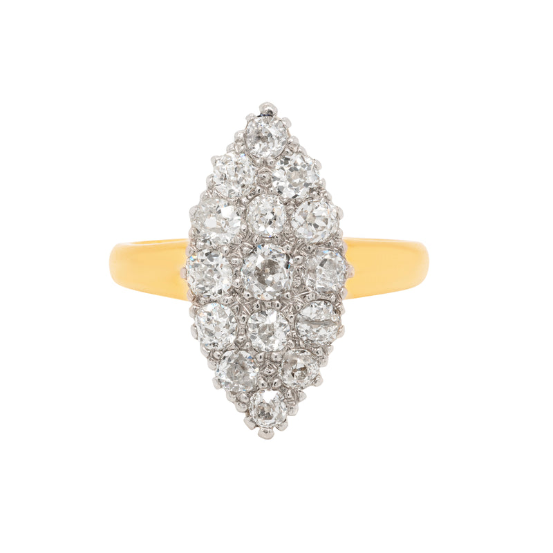Old Cut Diamond Marquise 18 Carat Gold Cluster Ring